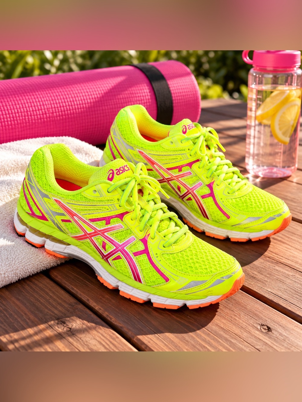 Asics Neon Yellow and Pink Women's Running Sneakers